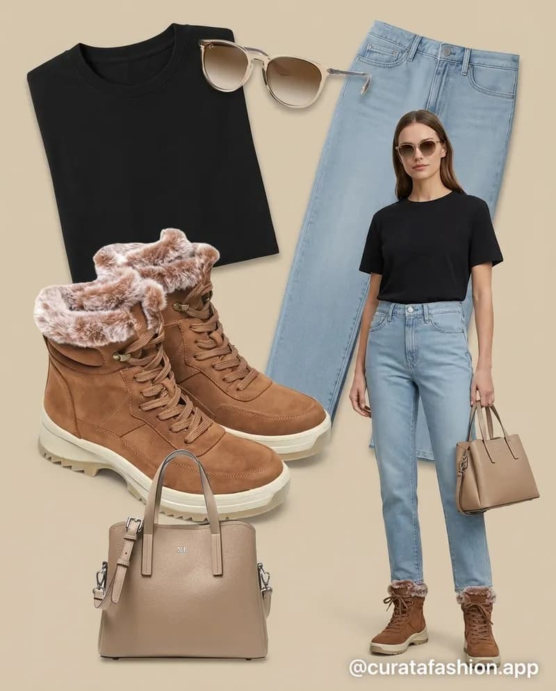 Look de oficina casual armado por Curata: remera negra, jeans claros y borcegos